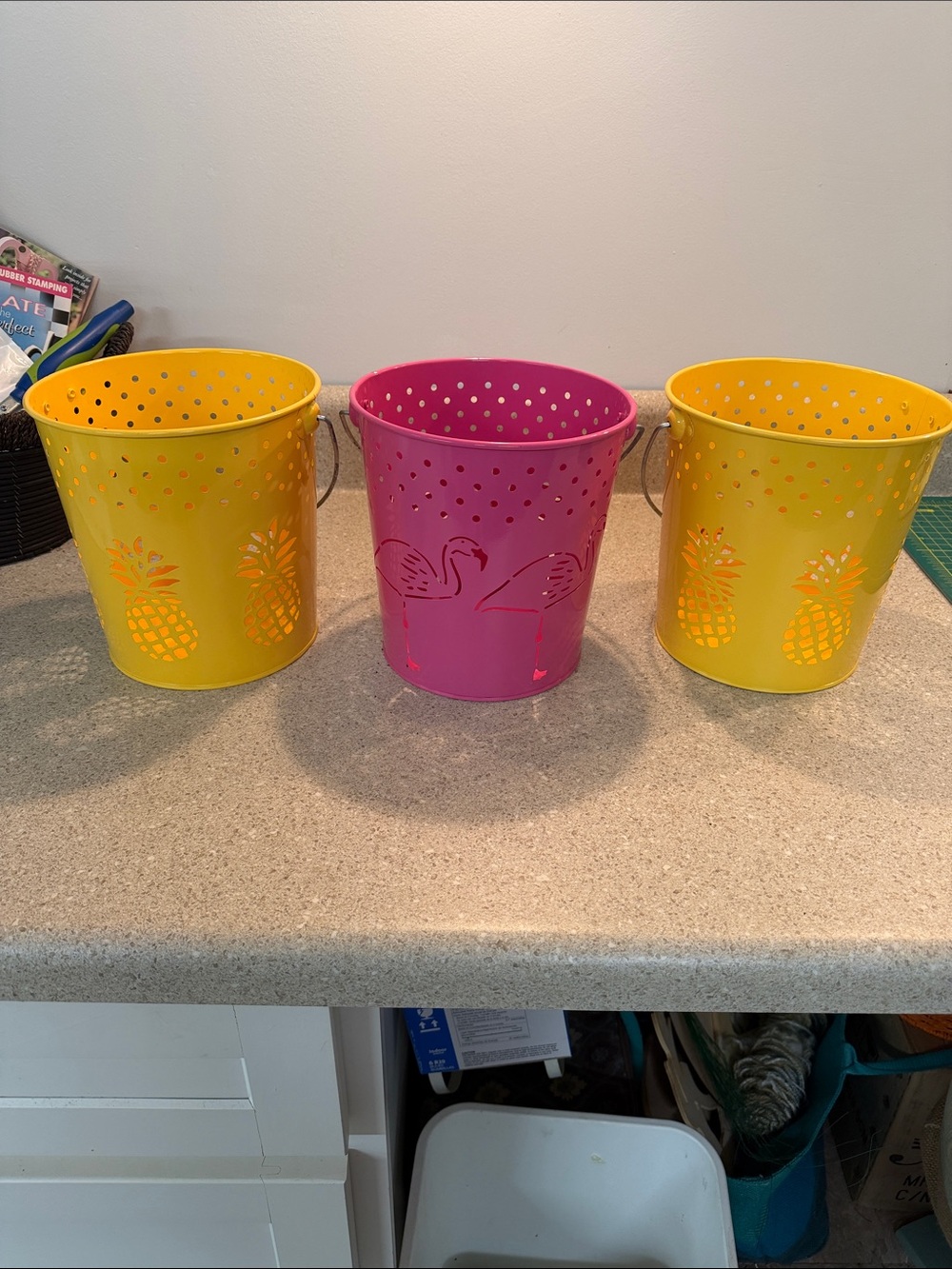 Mainstays Pink Flamingo and Yellow Pineapple Metal Buckets